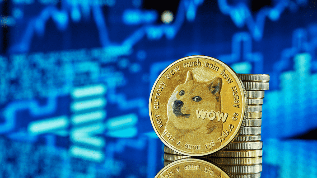 an image of A dogecoin is placed in front of a blue screen