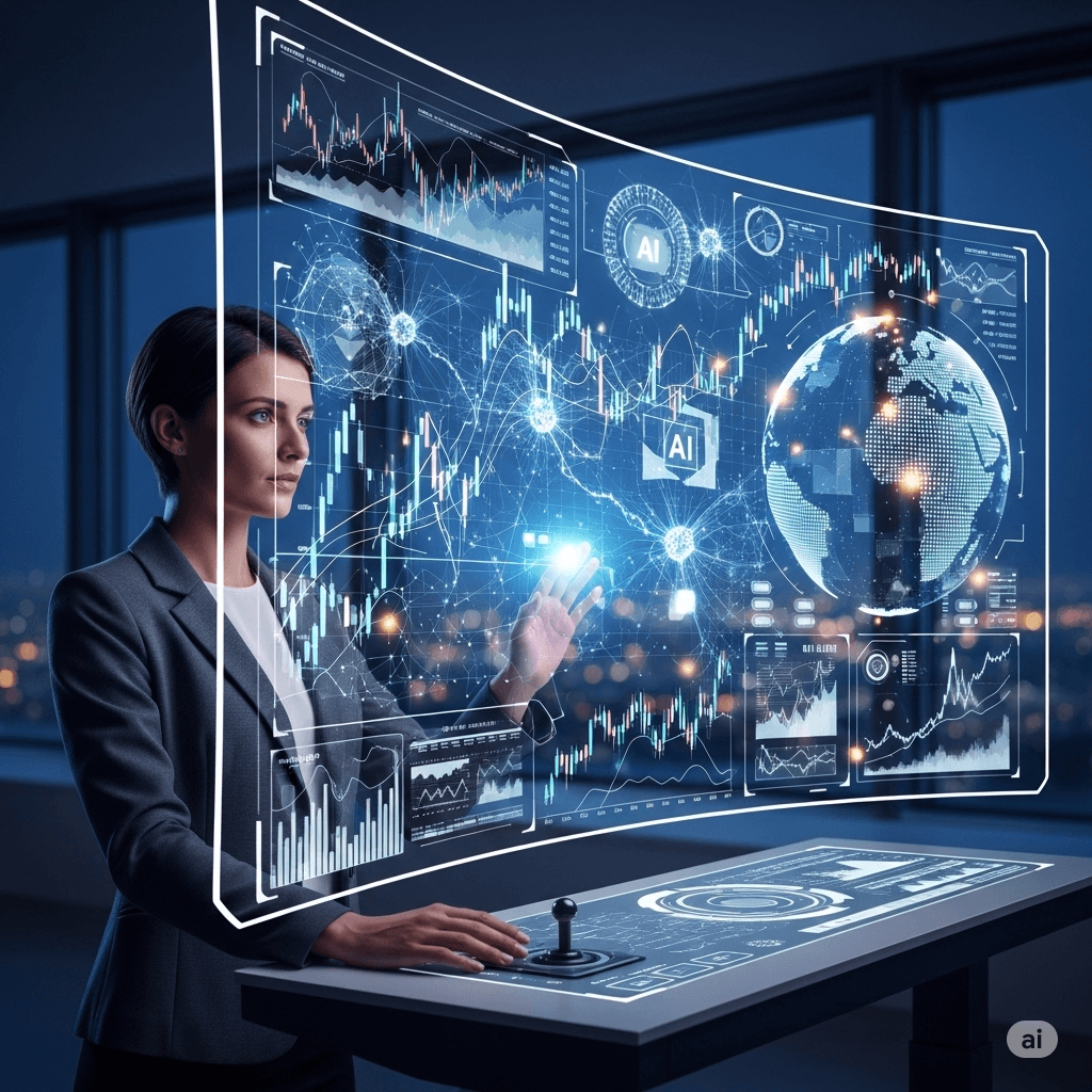 A trader using a futuristic trading platform on a large screen, with visual representations of AI and financial data.