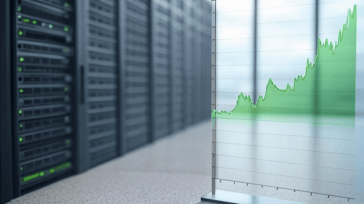 an image of cloud-computing-stocks-green-price-chart-servers-in-background