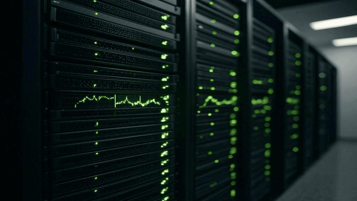 an image of Image-showing-AI-server-room-with-green-stock-price-charts