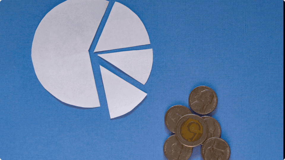 an image of blue background with a pie chart surrounded by coins